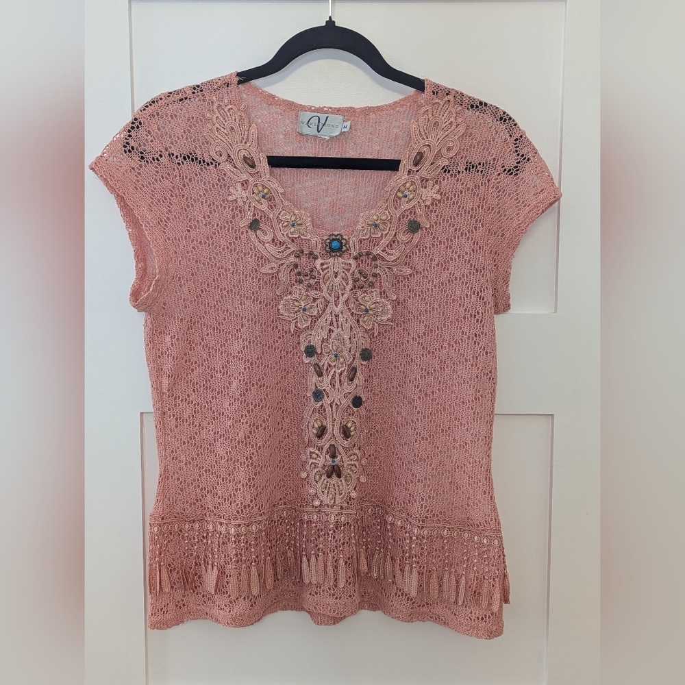 Embellished & Beaded Pink Cap Sleeve Crochet Blouse